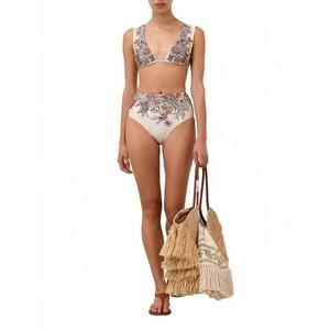 NEW ZIMMERMANN rhiannon wide shoulder bikini set in cream multi paisley